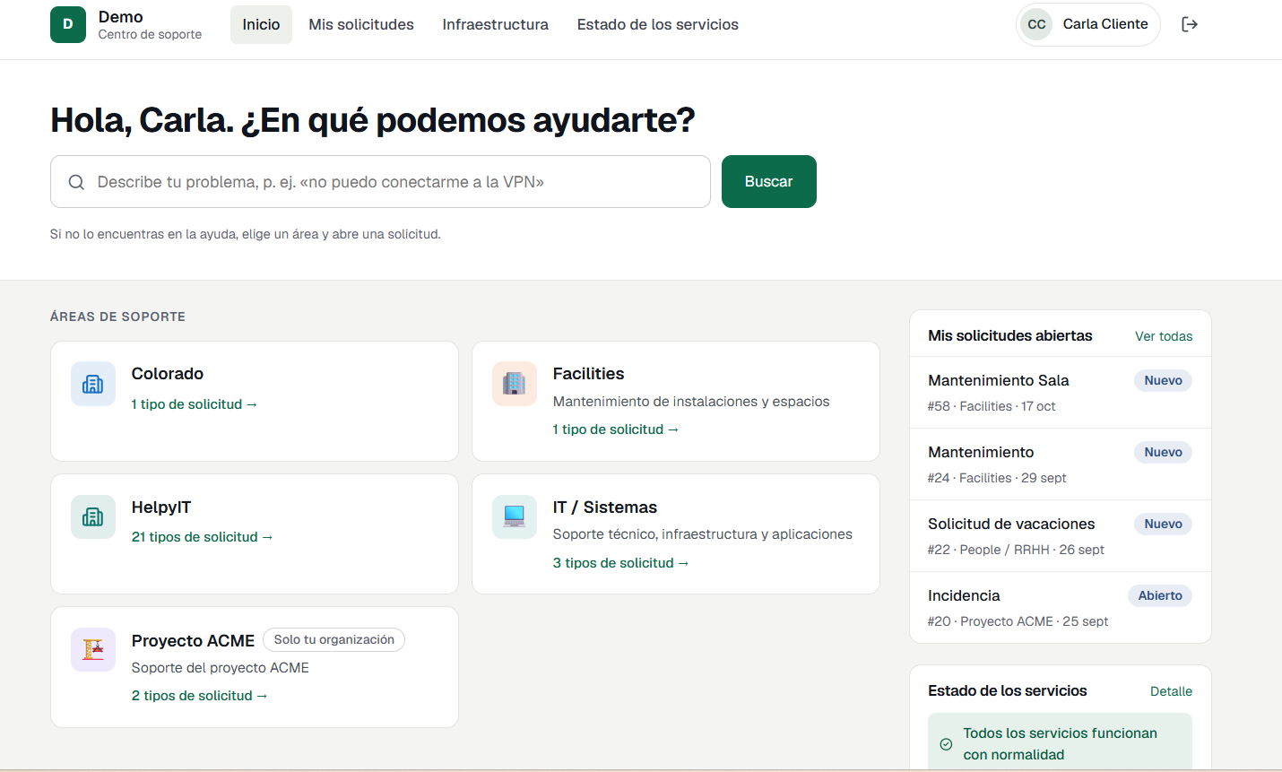 Portal de Lurbit con áreas de soporte, solicitudes abiertas y estado de los servicios